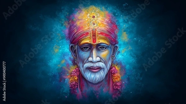 Obraz Vibrant Digital Portrait of Sai Baba of Shirdi With Glowing Aura and Floral Garland, Symbolizing Blessings, Wisdom, and Devotion