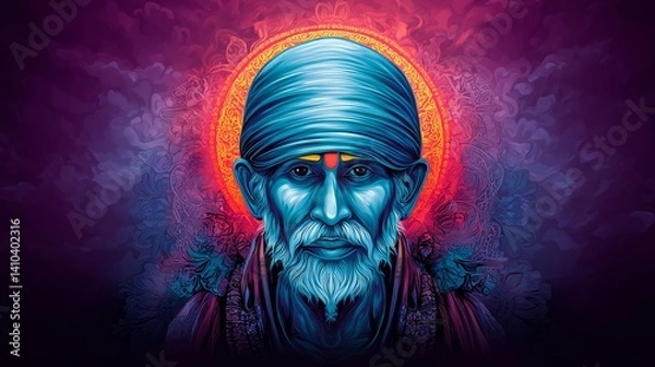 Obraz Powerful Digital Portrait of Sai Baba of Shirdi With Fiery Aura and Intense Expression, Symbolizing Devotion, Wisdom, and Inner Light