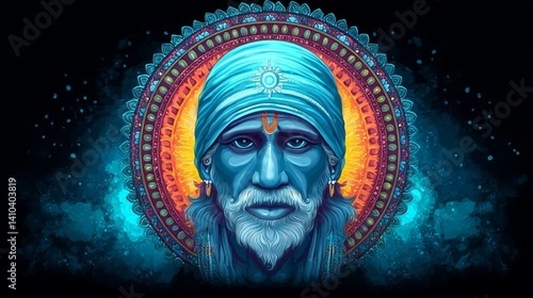 Obraz Mandala-Inspired Digital Portrait of Sai Baba of Shirdi With Radiant Halo, Symbolizing Hindu Devotion, Spiritual Power, and Peace