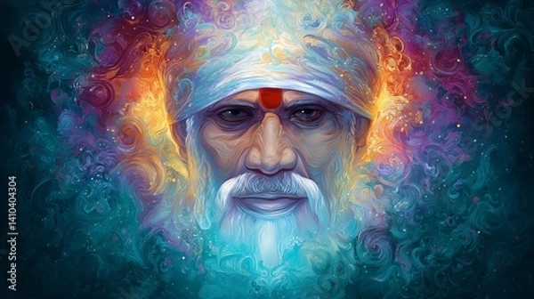 Obraz Powerful Digital Portrait of Sai Baba of Shirdi With Fiery Aura and Intense Gaze, Symbolizing Divine Strength, Wisdom, and Protection