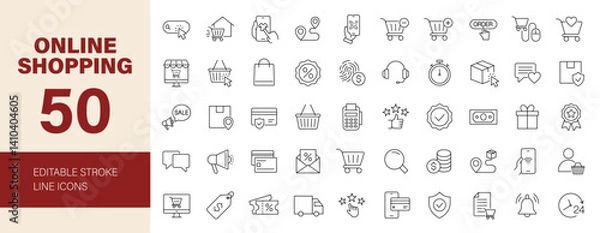Fototapeta Online shopping icon set. E-commerce related line icons: mobile shop, shopping cart, delivery, payment, customer service, price, sale, promotion and more. Editable stroke. Vector illustration.