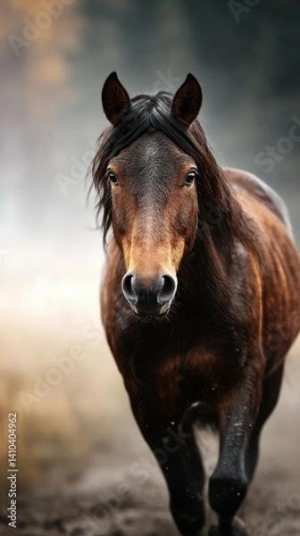 Obraz Horse running through misty landscape in autumn with golden foliage background