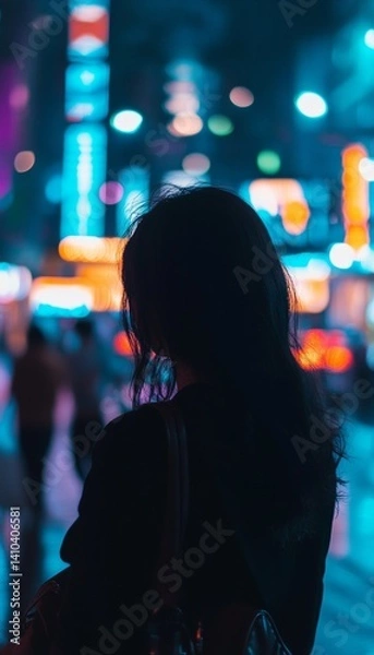 Fototapeta Moody bokeh photography of a half turned woman silhouette with dreamy nighttime background