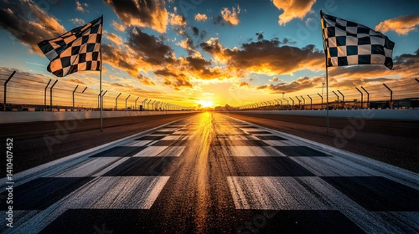 Fototapeta Race track finish line with checkered flags under a vibrant sunset and dramatic cloudy sky view