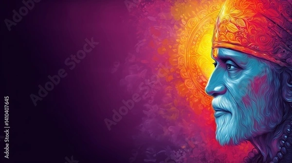 Fototapeta Side-Profile Digital Portrait of Sai Baba of Shirdi With Glowing Halo and Deep Background, Symbolizing Inner Light, Devotion, and Strength