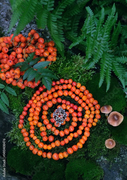 Obraz rowanberry spiral with pentacle amulet in forest, nature background. Magic ritual, Witchcraft. Wiccan esoteric practice with handmade beads of red rowan berry for protect, positive spirit. top view