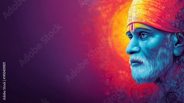Obraz Side-Profile Digital Portrait of Sai Baba of Shirdi With Glowing Aura and Magenta Background, Symbolizing Peace, Devotion, and Focus