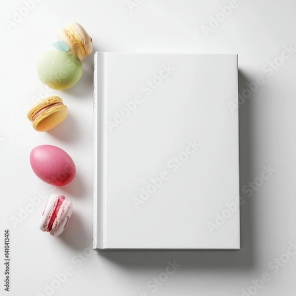Obraz Pastel Macarons and Blank Book Mockup:  Elegant Flatlay