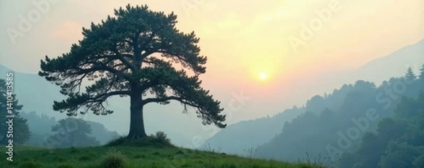 Fototapeta Towering Cedar Tree in misty morning, forest, cedar tree