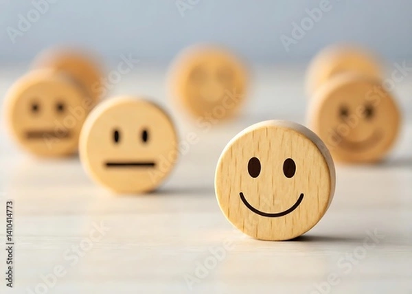 Fototapeta Wooden Emojis with Different Facial Expressions Representing Mood and Emotion