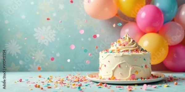 Fototapeta Colorful balloons and confetti in a bright background with a large cake, festive decor, colorful balloons, party atmosphere