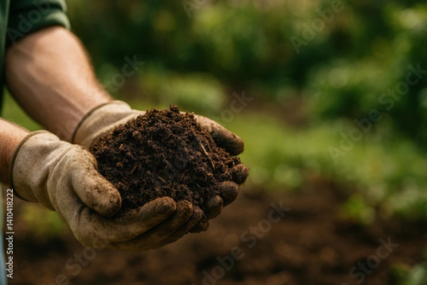 Obraz Handful of Earth: A close-up view shows a pair of weathered hands, clad in gardening gloves, cradling a rich, dark clump of fertile soil.