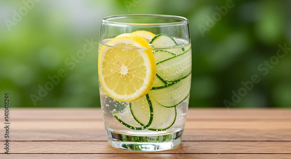 Fototapeta Refreshing Infused Water With Lemon And Cucumber On Wood Surface