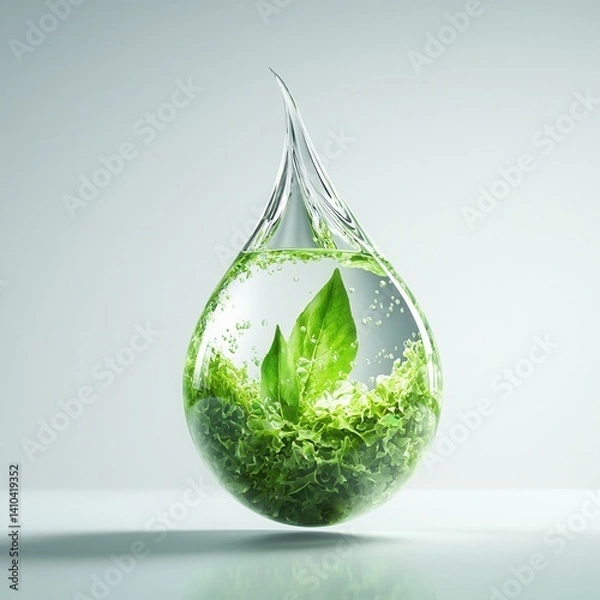 Fototapeta save earth, nature conservation, earth day concept. Water droplet containing green leaves and bubbles in a minimalistic design.