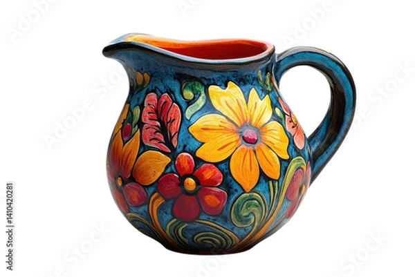 Fototapeta Vibrant hand painted ceramic pitcher teal blue base with yellow red orange on transparent background