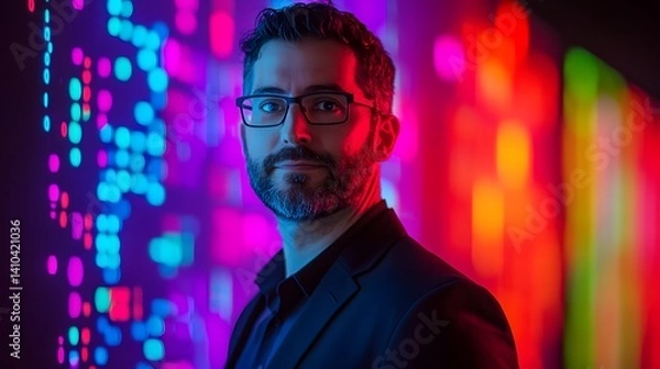 Obraz Confident Visionary Amidst Dynamic Lights: A focused individual, framed against a vibrant tapestry of illuminated color, projects an air of poised confidence and intellectual curiosity. 