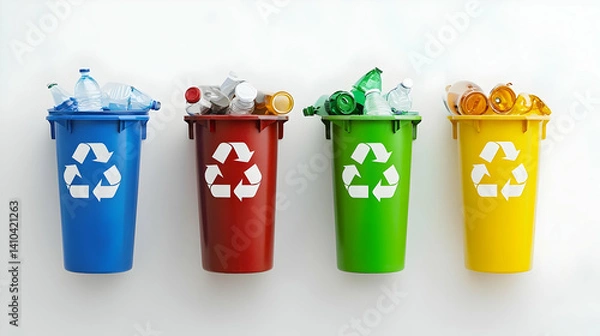Obraz Four Color Coded Recycling Bins On White Background