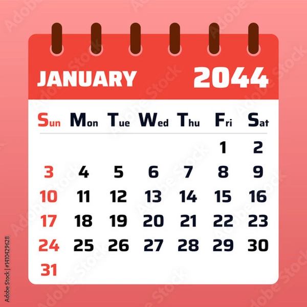 Fototapeta 2044 January Calendar Layout. Vector Illustration of a January 2044 Planner. January 2044 Template. Flat Design