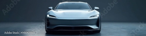 Fototapeta Sleek silver sedan with curved lines and LED headlights front view, futuristic, modern
