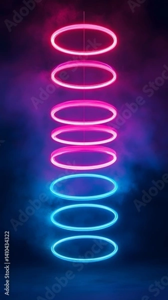 Fototapeta Neon Rings in Gradient Colors with Dark Smoke Background