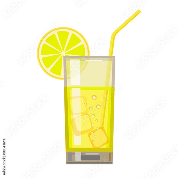 Fototapeta A glass of fresh lemon juice and lemon. Flat design. Abstract concept. Vector illustration.