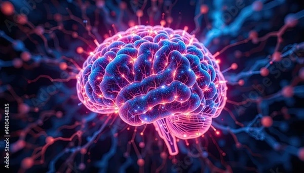 Fototapeta Glowing Human Brain Neural Network 3D Render Abstract Pink Blue
