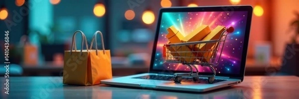 Obraz Laptop computer sitting in shopping cart with product boxes and bags , retail, sale, delivery