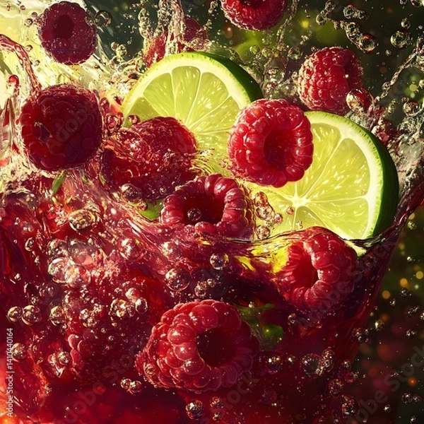 Fototapeta Vibrant Splash of Raspberries and Limes in Refreshing Liquid