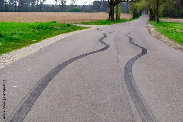 Obraz country road with clear skid marks. The black stripe of tires on the asphalt indicates a sudden stop of the vehicle as a result of sudden braking.