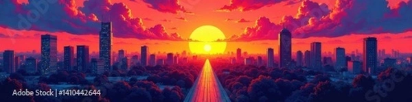 Obraz Colorful comic book inspired illustration of a cityscape at sunset,  pop art,  cartoonish style,  stylized buildings