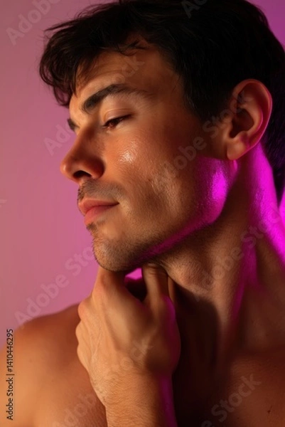 Fototapeta a sensual gay male model with glowing skin and soft eyes, shirtless, posing with one hand touching his neck, standing in soft pink lighting, minimal background,