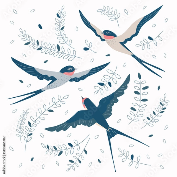 Fototapeta Illustration with swallows flying gracefully on background with branches and leaves. Soft monochrome colors and graceful lines create a soothing atmosphere suitable for natural design, illustrations 