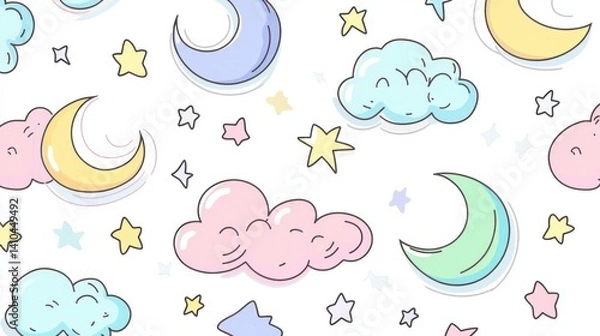 Fototapeta A whimsical night sky filled with cartoon clouds, stars, and crescents.
