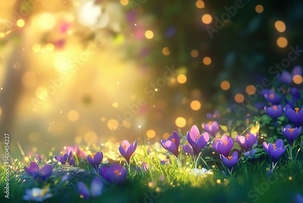 Fototapeta Blooming purple crocus flowers in a sunlit meadow creating a magical spring scene