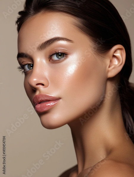 Obraz Beauty portrait of model with natural make-up. Fashion shiny highlighter on skin, sexy gloss lips make-up 