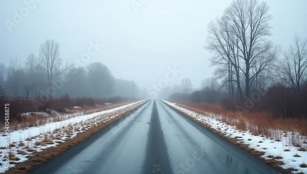 Fototapeta Misty road in winter landscape with bare trees and snow on the side for copy space
