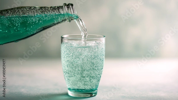 Obraz Pouring a refreshing carbonated beverage from a glass bottle into a clear glass, filled with bubbles and a pale blue tint.