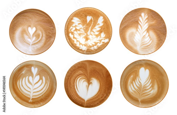 Obraz Top view of hot coffee latte art foam set isolated on white background