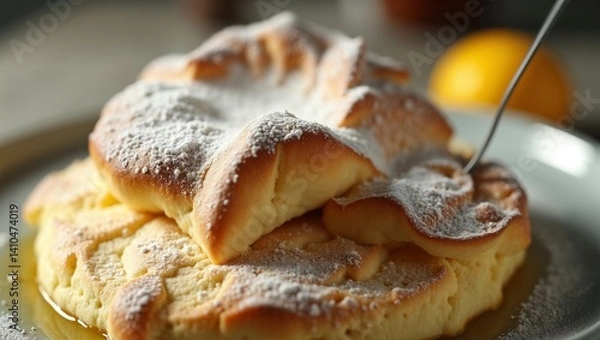 Obraz Fluffy souffle pancake served with syrup and powdered sugar on a plate 

