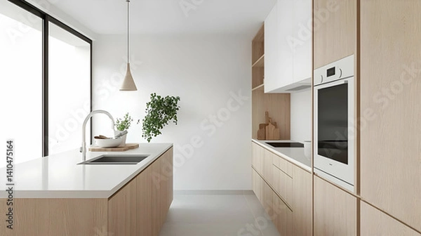 Fototapeta Modern Light Beige Wooden Kitchen Interior Design