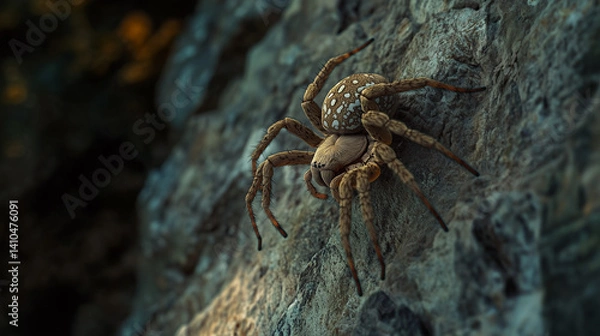 Fototapeta A striking spider with a glossy body, perched on a wall, high-definition details making each tiny .