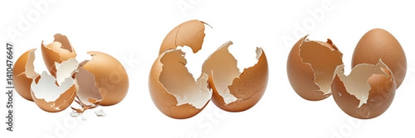 Fototapeta Set of High-angle view of a cracked egg with the shell in two halves and egg whites spilling out onto a clean white surface on transparent png background. Ai generated