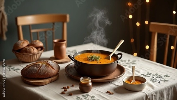 Fototapeta Hot soup served in a pot with bread and condiments on a rustic table 
