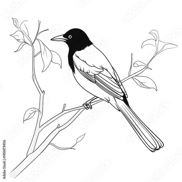 Fototapeta minimalist line art magpie illustration perched on branch smooth curved strokes elegant black outline white background