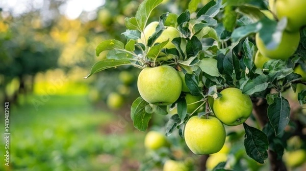 Fototapeta Green apples are growing on a tree in an orchard