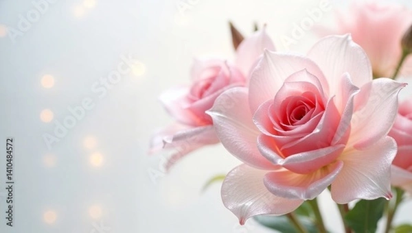 Obraz Beautiful pink roses in a vase with soft bokeh background 
