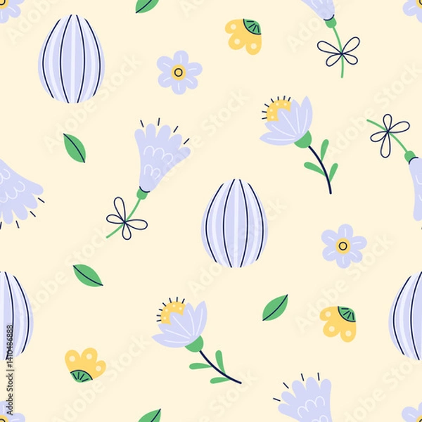 Fototapeta Happy Easter seamless pattern with flowers and painted eggs on yellow background. Happy Easter hand drawn card. Flat illustration with partial outline. Vector illustration.