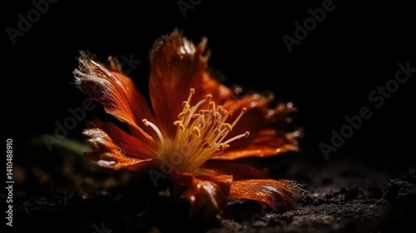 Obraz Closeup of Orange Lily Flower Petals and Stamen Illuminated Against a Dark Background