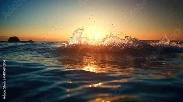 Obraz Golden Sunset Over Ocean Waves with Splashes and Reflections