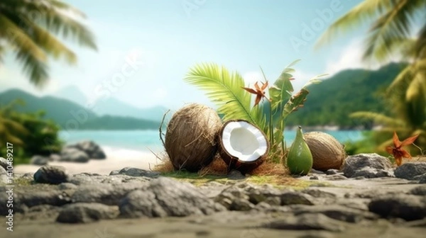Obraz Tropical Coconuts and Foliage on Sunny Beach with Ocean View